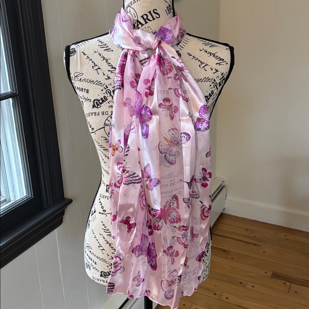 Pink Butterfly Print Rectangular Scarf Wrap EUC